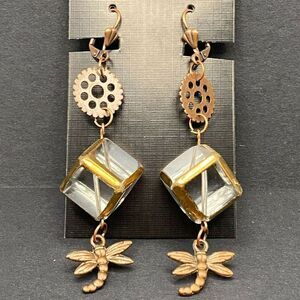 Handmade Aged Copper Dragonfly with Gear & Glass Cube Earrings by Neanie-Bot